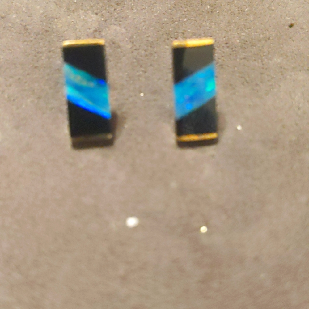 Sold- 14k yellow gold onyx and opal earrings